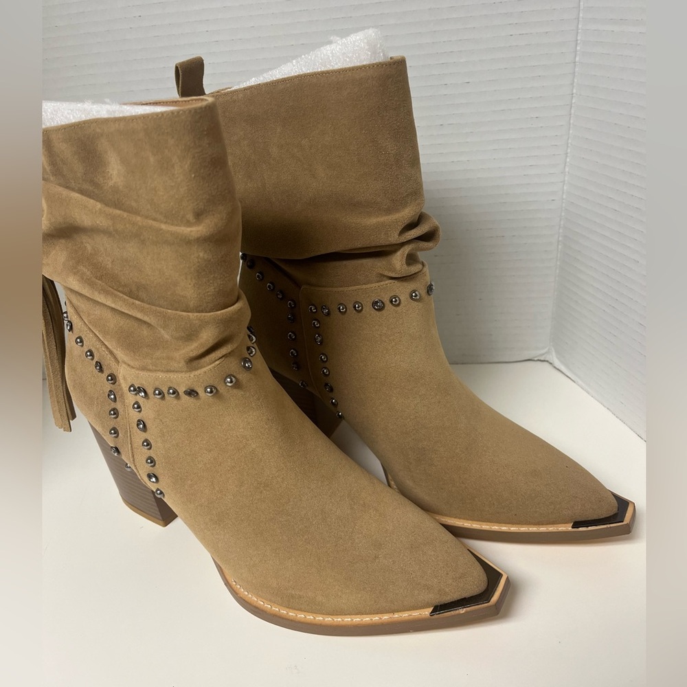 Womens Western boots on the Ground studded chunky heel tassel Faux Suede Sz 10